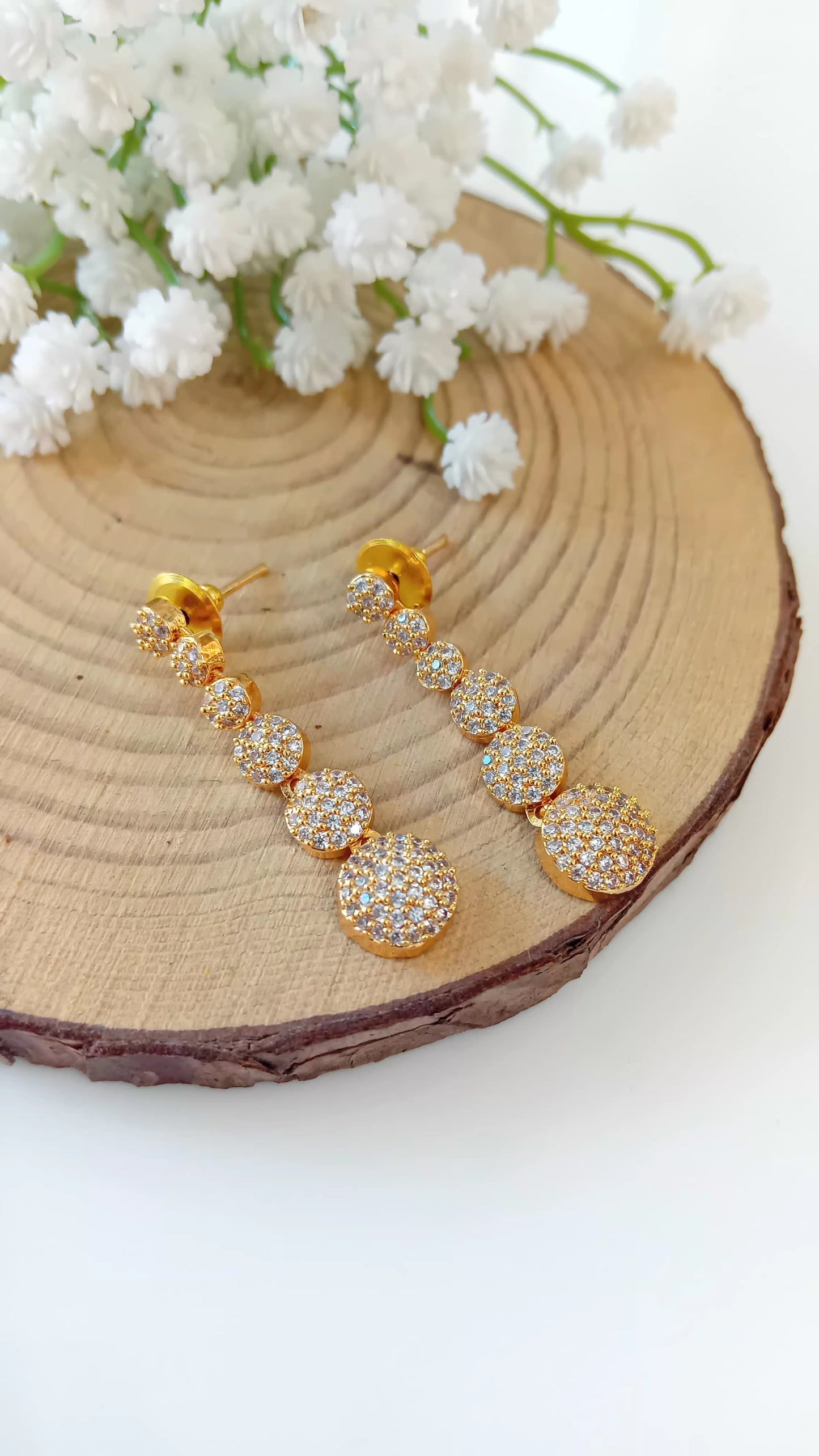 Ad white stone long drop earring gold plated