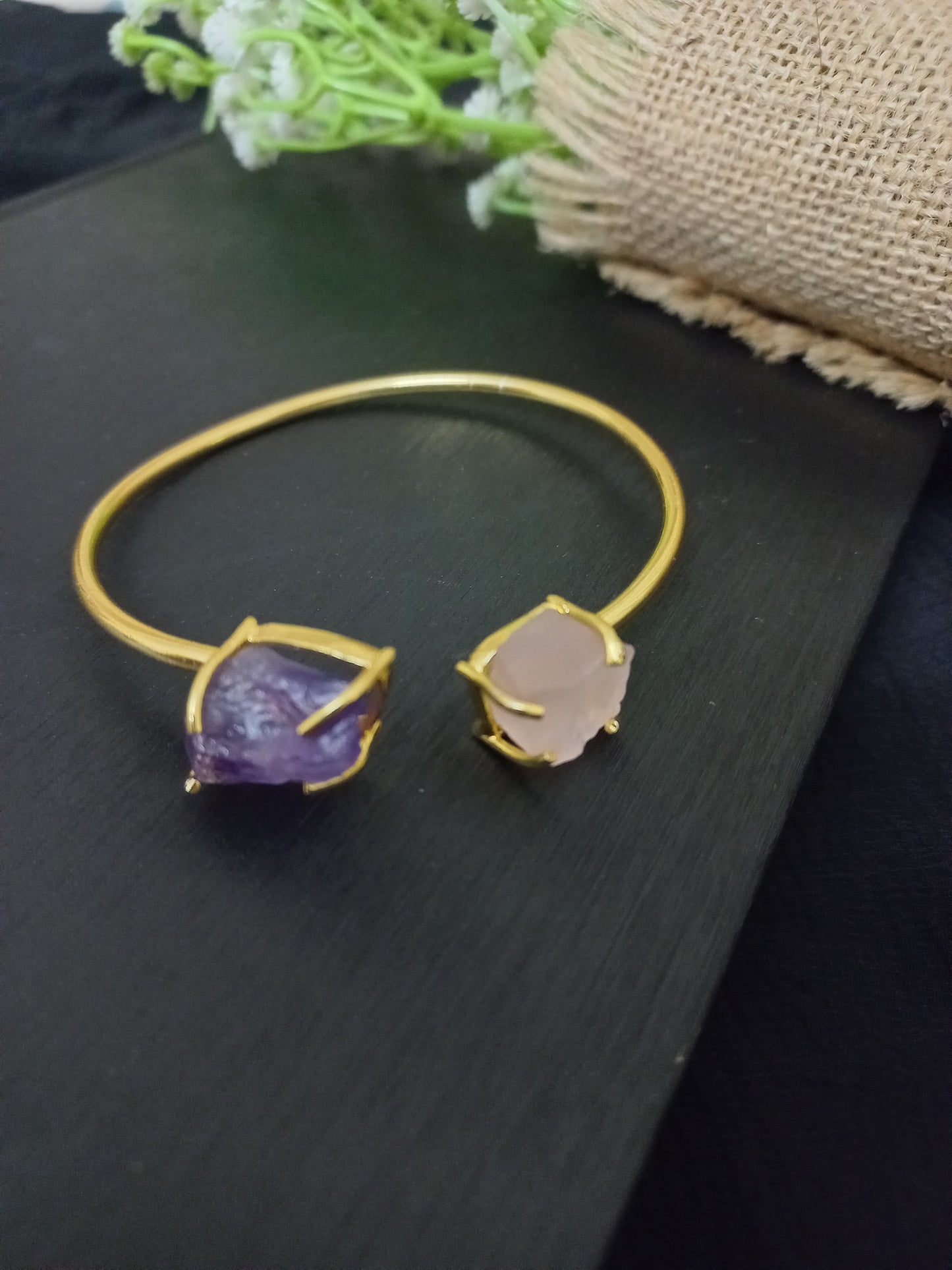 Amethyst & rose quartz uncut stone cuff