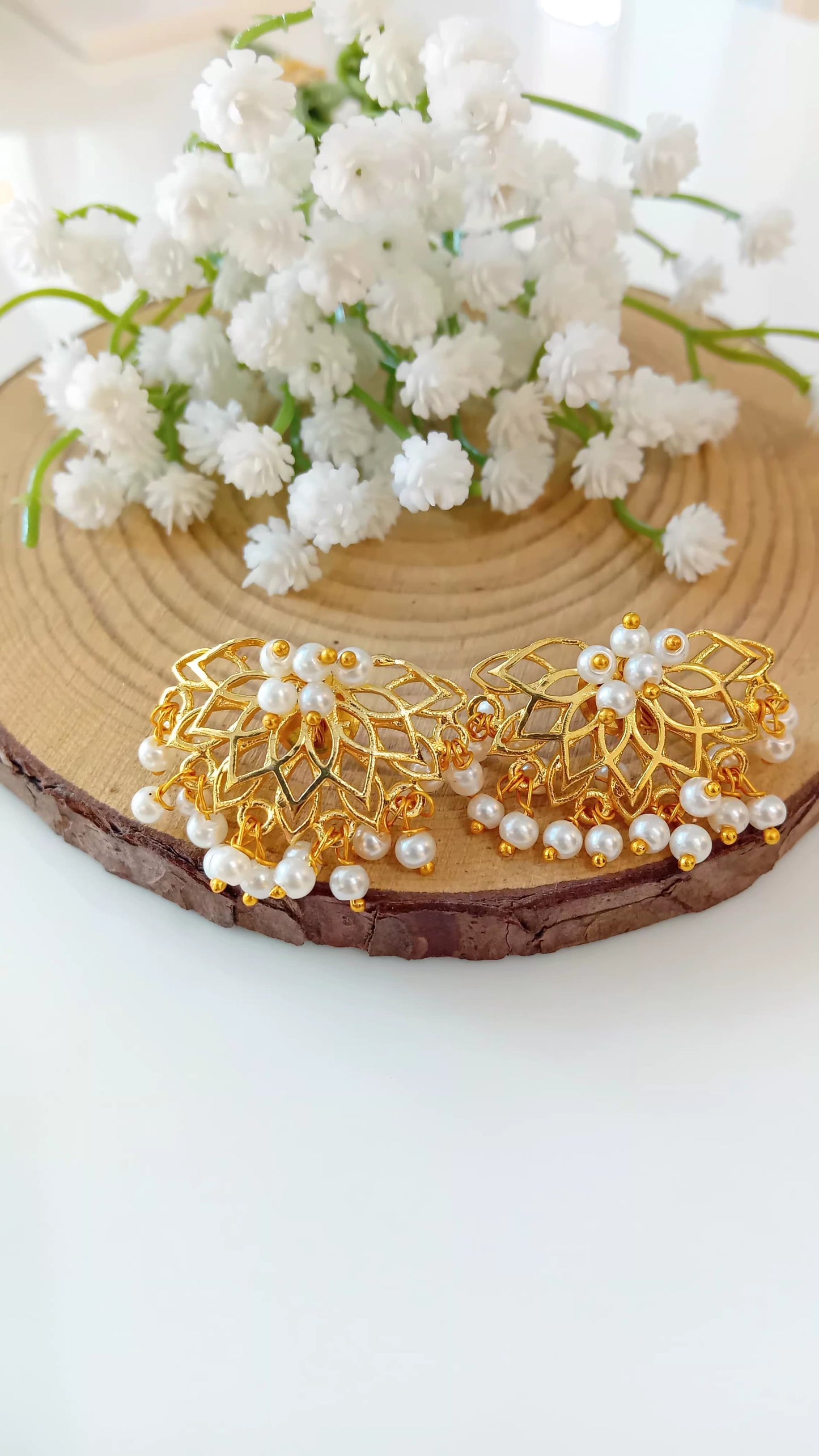 Floral lotus inspired pearl drop brass earring
