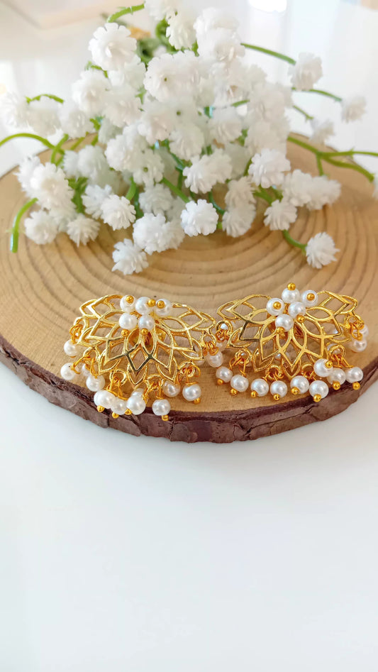 Floral lotus inspired pearl drop brass earring