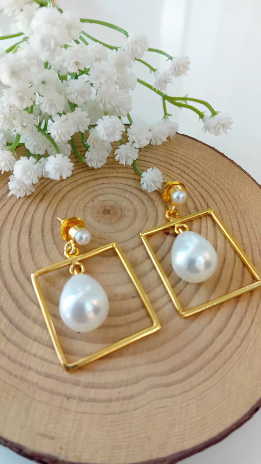 Square pearl drop brass earrings