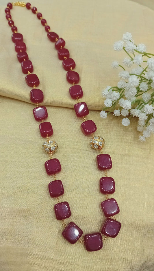 Handmade Wine Red Square Bead Long Necklace | Elegant Statement Necklace for Women