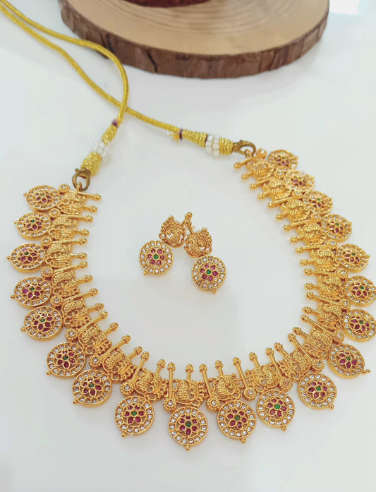 Traditional Gold-Plated Temple Necklace Set with Ruby Stones | Bridal Jewellery Set