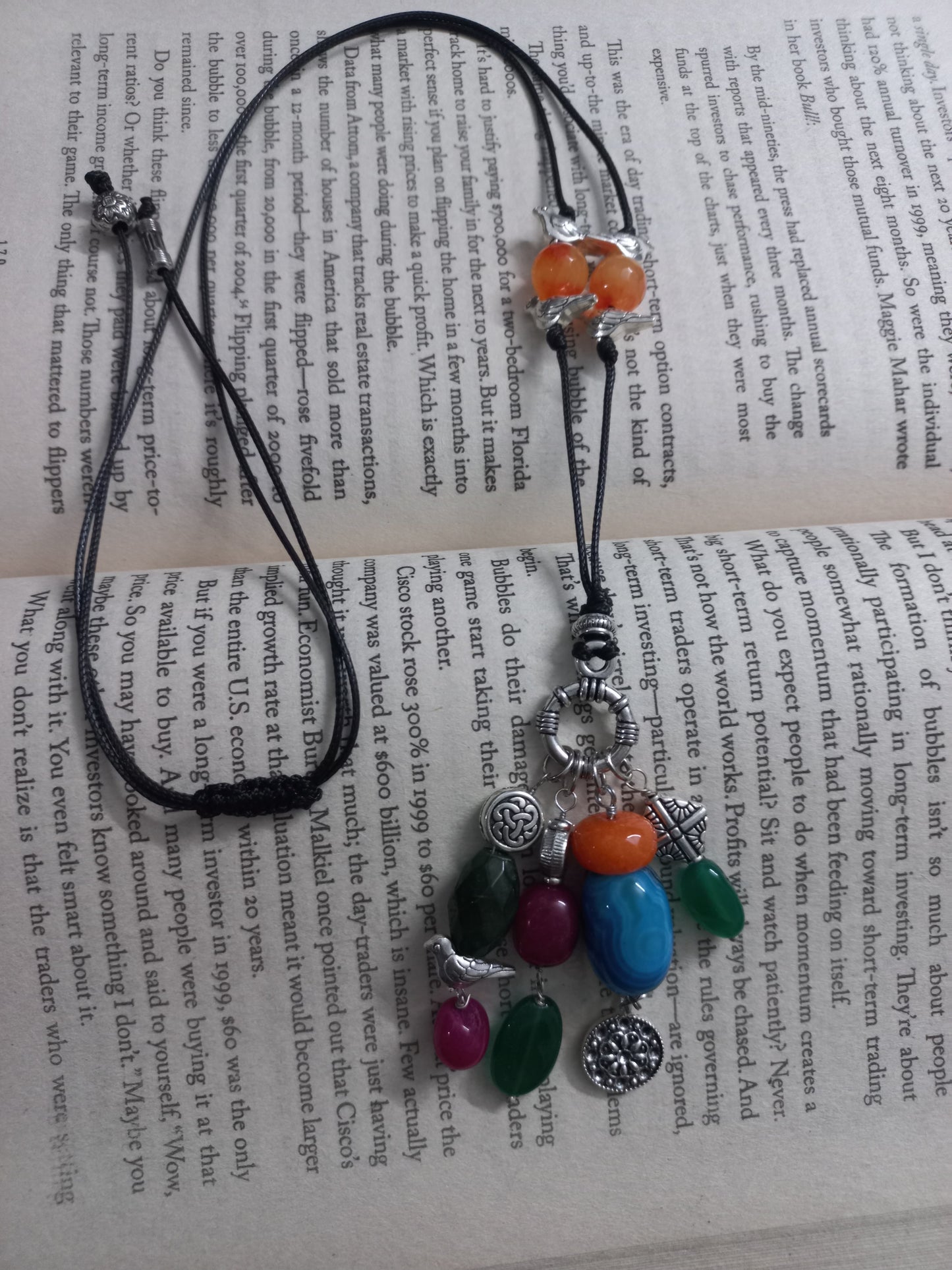 Handcrafted multicolour gemstone pendant necklace with metal charms