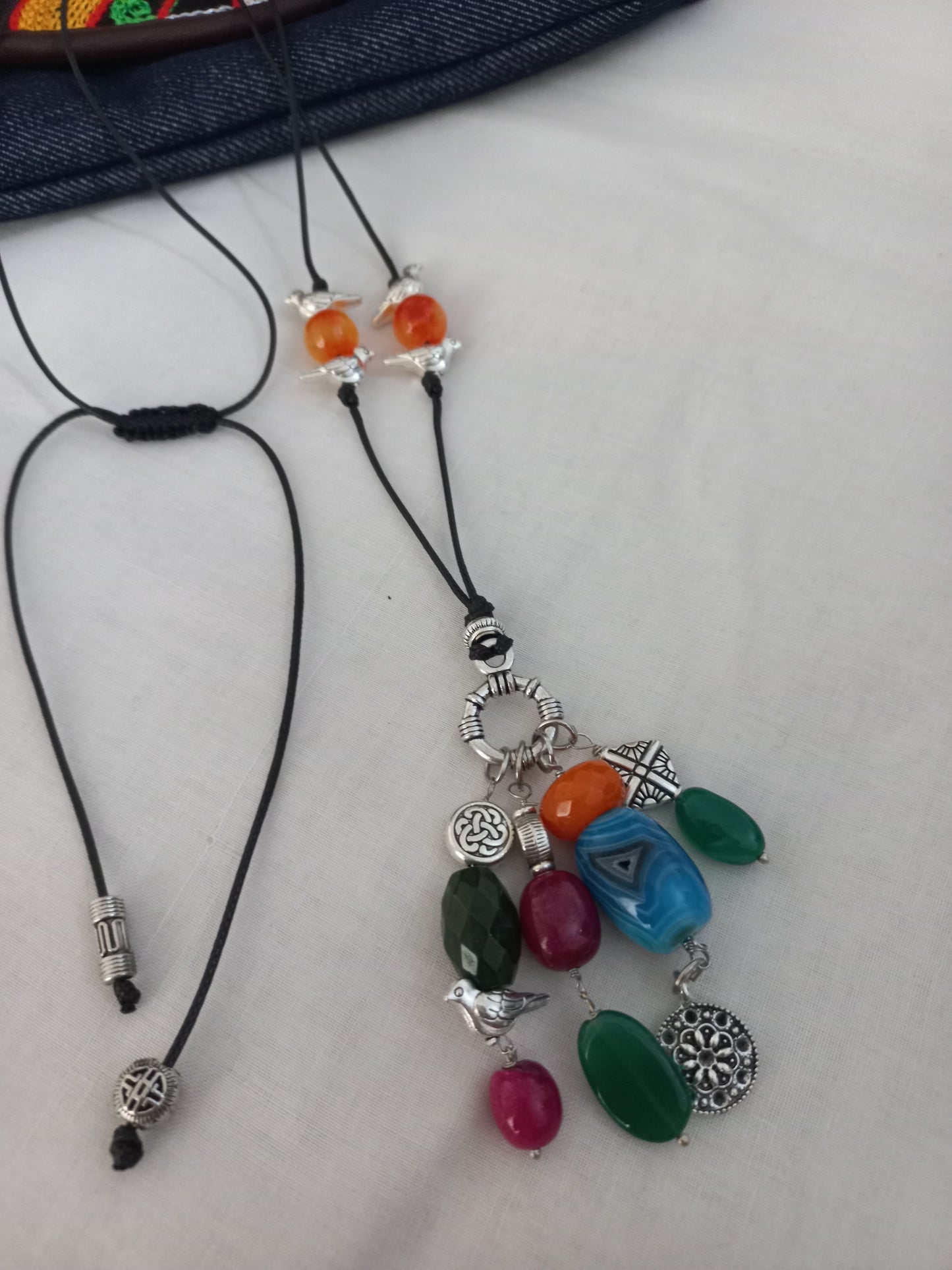 Handcrafted multicolour gemstone pendant necklace with metal charms