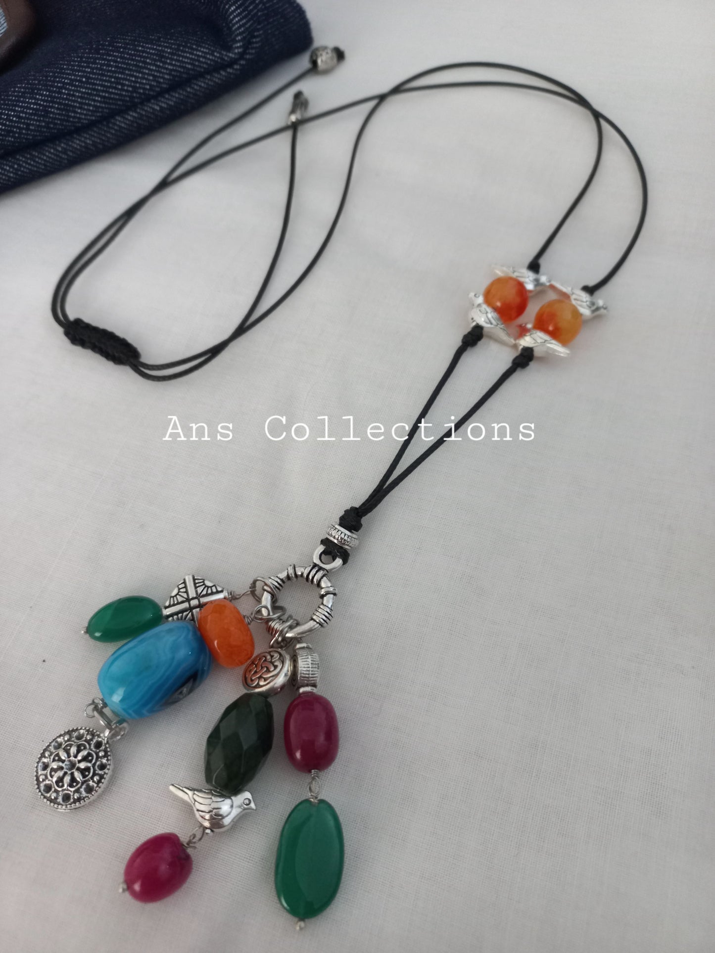 Handcrafted multicolour gemstone pendant necklace with metal charms