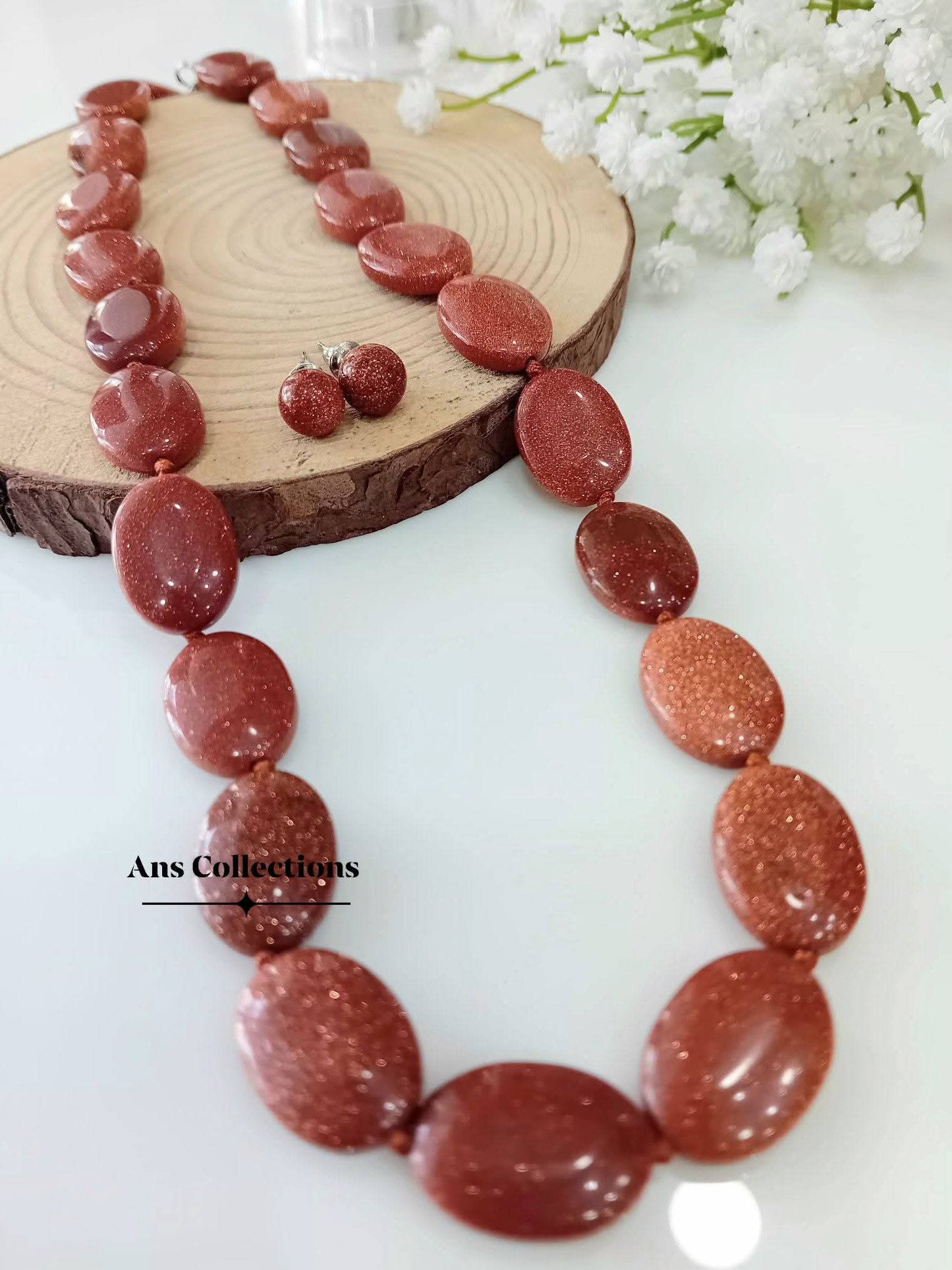 Sand stone flat oval shaped beaded neckpiece