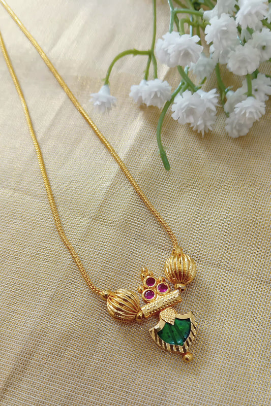 Gold-Plated Palaka Locket Necklace with Green & Ruby Stones | Traditional Pendant Necklace